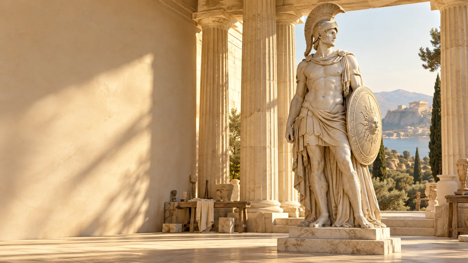 Statue de héros grec en marbre dans un atelier antique